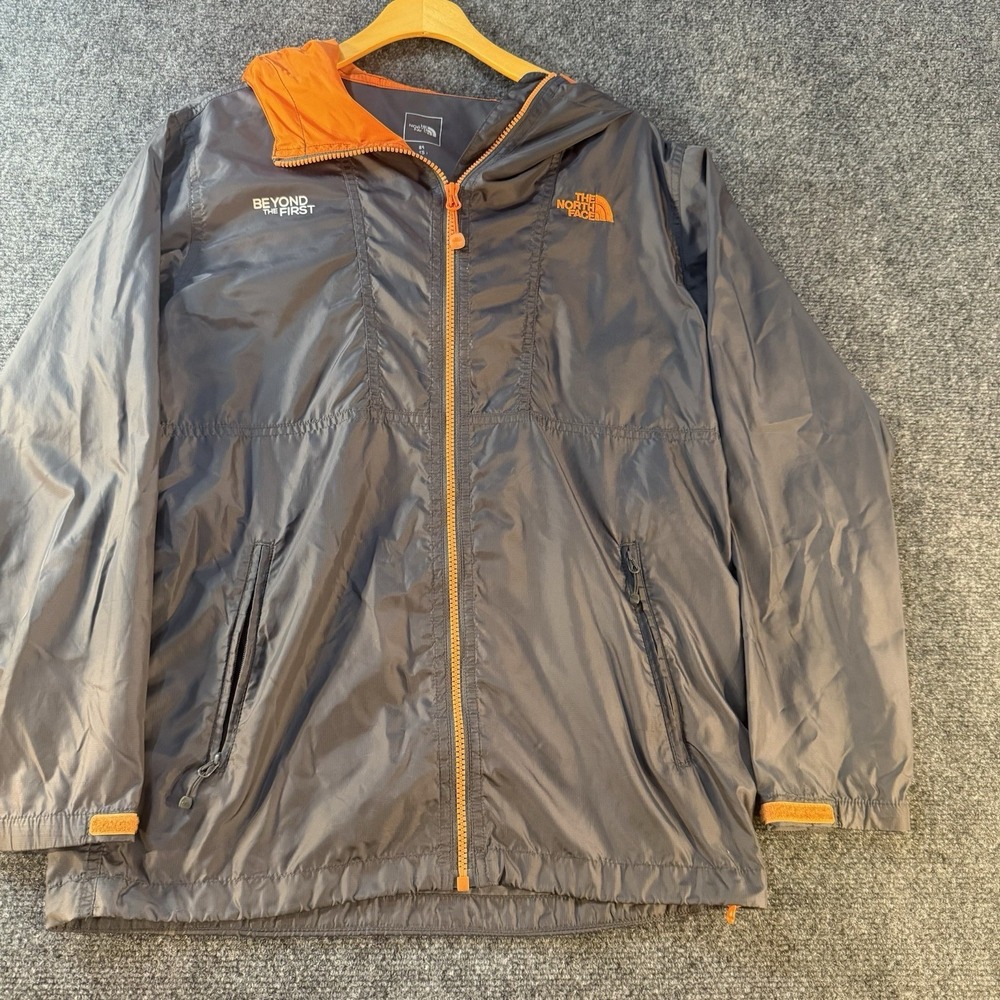 The North Face Youth XS Hooded Windbreaker‎ Jacket Gray Orange Full Zip Logo